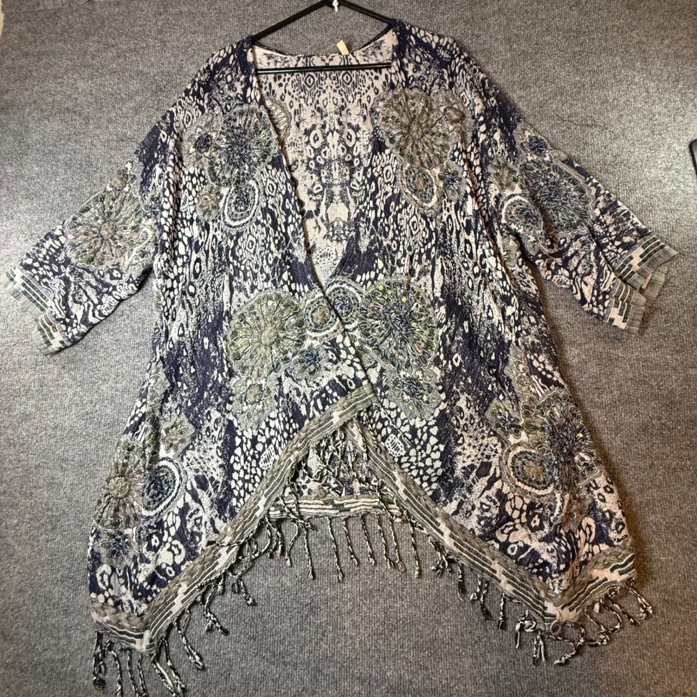 Soft Surroundings Navy Blue Animal Print Floral Fringe Wrap Cardigan SM 2AH49